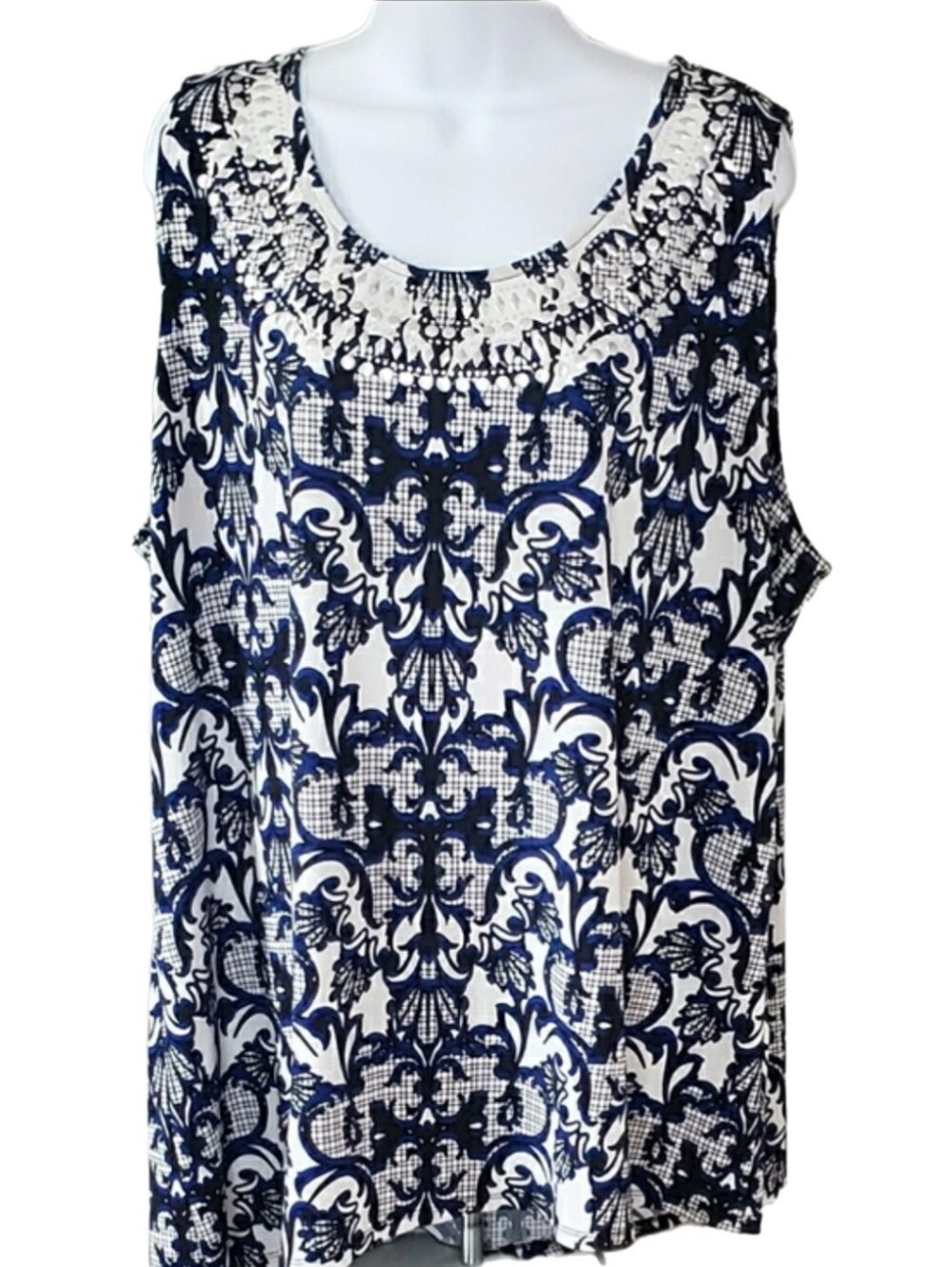 Alfani Navy & White Ornate Sleeveless Tank Top, 3X